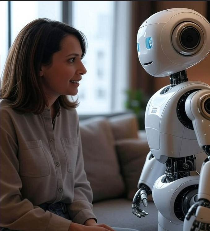 femme s'adressant à un robot